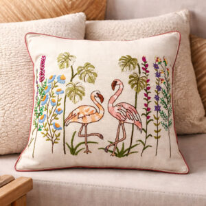 Hand Embroidered Flamingo Cushion Cover | Premium Cotton Linen | Floral Artisan Design | 16x16 Inches