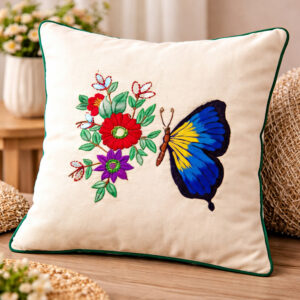 Hand Embroidered Butterfly Cushion Cover | Floral Artisan Design | Cotton Linen Decorative Pillow Cover | Handmade Home Decor | 12x12 Inches