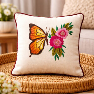 Hand Embroidered Butterfly Cushion Cover (12x12 Inches) | Floral Artisan Design | Cotton Linen Decorative Pillow | Handmade Home Decor