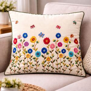 Hand Embroidered Floral & Butterfly Cushion Cover (22x22 Inches) | Bright Blooms & Gentle Wings Design | Cotton Linen Decorative Pillow | Handmade Home Decor