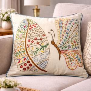 Hand Embroidered Artistic Butterfly Cushion Cover (22x22 Inches) | Multicolor Folk Design | Cotton Linen Decorative Pillow | Handmade Home Decor