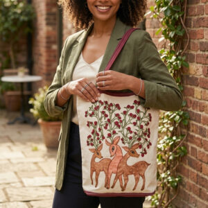 Hand Embroidered Deer Tote Bag | Floral Artisan Design | Cotton Canvas Handbag | Handmade Ethnic Carry Bag
