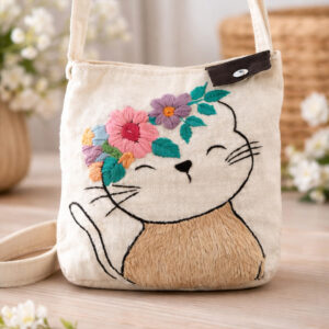 Hand Embroidered Cat Sling Bag | Floral Cute Design | Cotton Canvas Crossbody Bag | Handmade Kids Purse