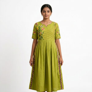 Hand Embroidered Green Ethnic Dress for Women | Floral Cotton Kurta Gown | Elegant Festive & Casual Wear
