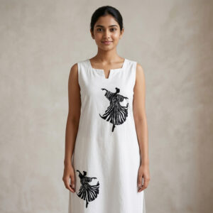 Hand Embroidered White One-Piece Dress for Women | Artistic Black Thread Work | Cotton Elegant Casual Dress