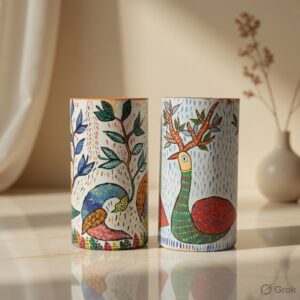 Hand Painted Tribal Art Pen Stand Set | Wooden Desk Organizer | Artisan Gond Art Decorative Holder (Set of 2)
