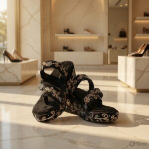 Hand Embroidered Black Ethnic Sandals for Women | Premium Artisan Multi-Strap Flats | Floral Thread Work Footwear