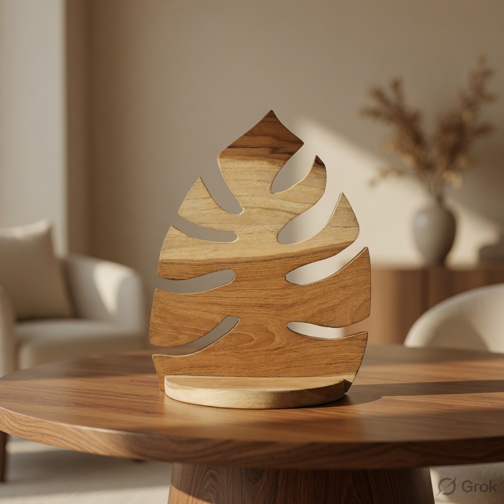 Handcrafted Wooden Leaf Décor Showpiece | Artisan Wood Carving Table Accent | Modern Rustic Wooden Home Decoration